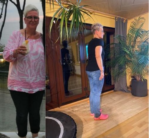 Zwei Fotos von Manuela nebeneinander: links vor der Gewichtsabnahme, rechts danach im Profil